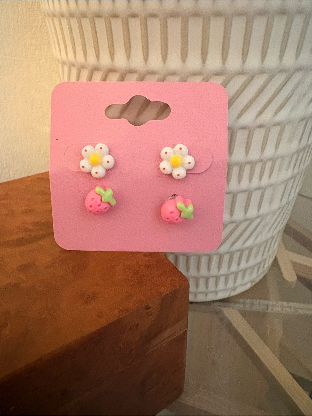 Children's Pink Strawberry & White Daisy Stud Earring Set